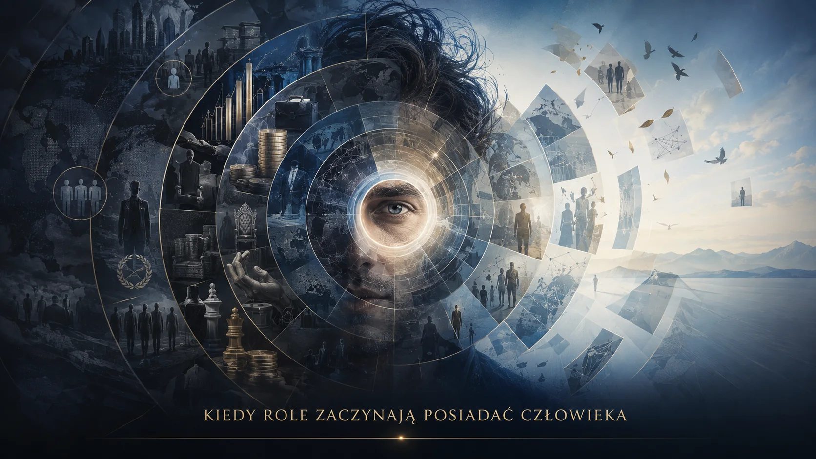 Twarz podzielona na ciemną strefę ról społecznych i jasną strefę wolności — kiedy role zaczynają posiadać człowieka.