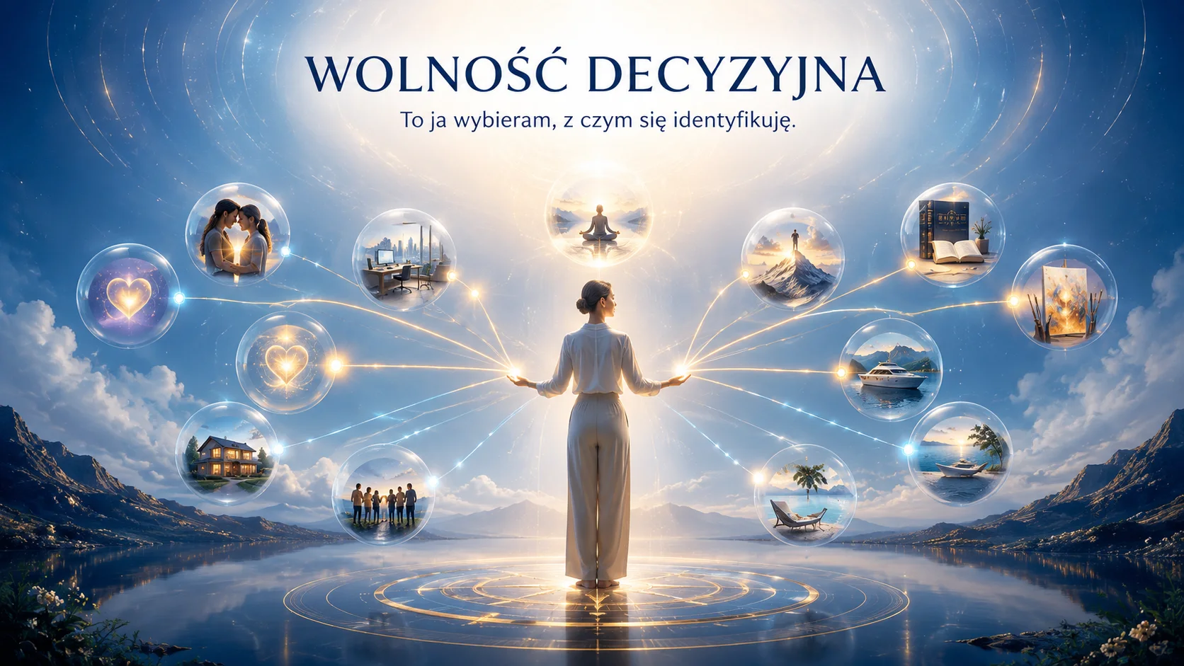 Kobieta wybierająca między symbolami relacji, pracy, rozwoju i podróży — wolność decyzyjna.