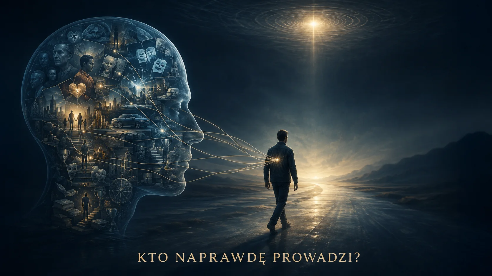 Sylwetka głowy wypełniona scenami z życia i mężczyzna idący ku światłu — pytanie „Kto naprawdę prowadzi?”.