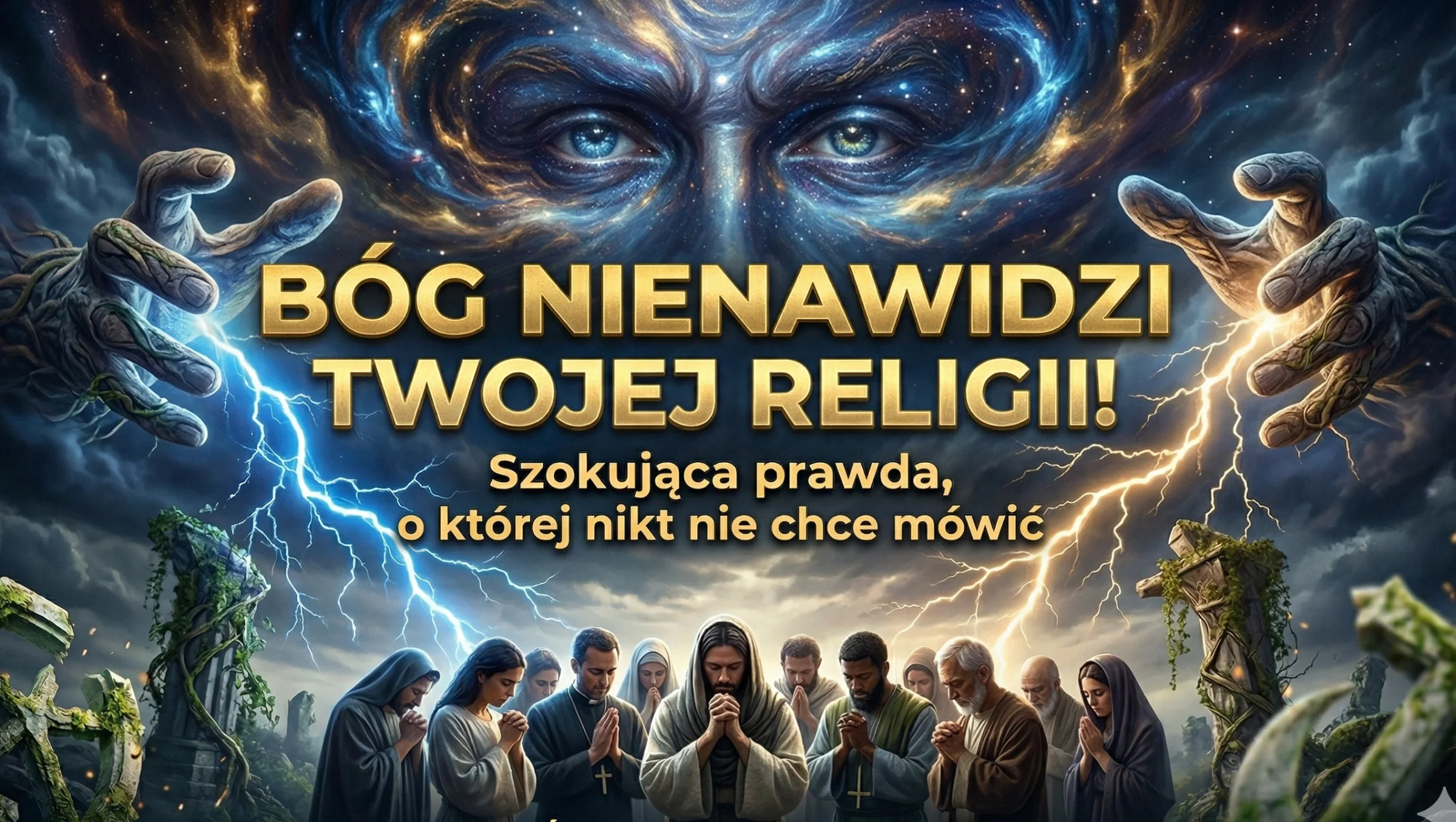 Symboliczna ilustracja religii i wiary – kosmiczny wizerunek bóstwa nad grupą modlących się ludzi.