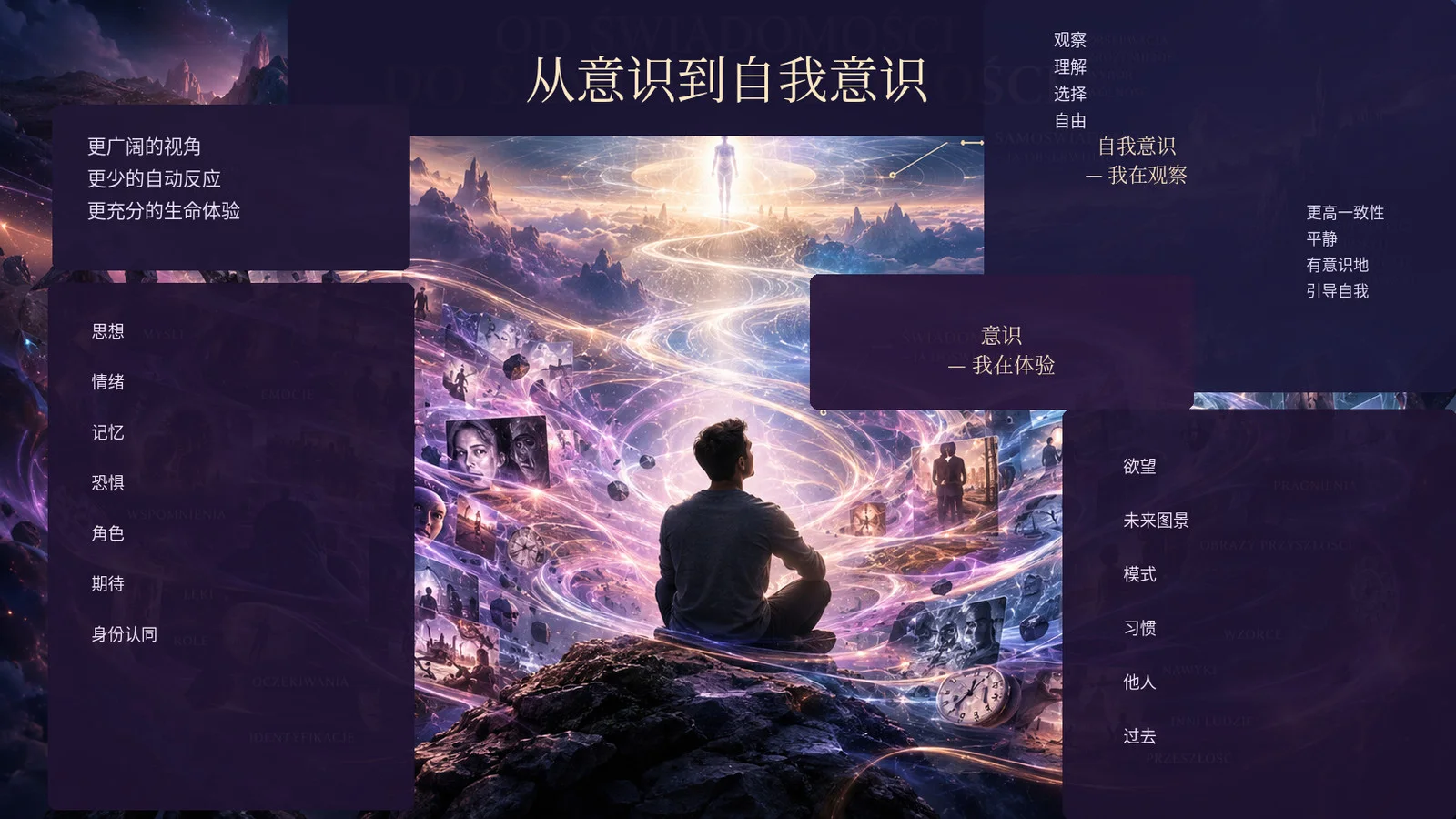 一个人从思想、情绪、恐惧、记忆和身份认同的意识流中走向自我意识,并通过观察自身过程重新获得选择与自主性的能力。