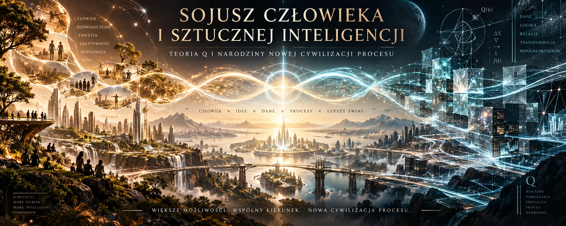 Sojusz człowieka i sztucznej inteligencji w Teorii Q – człowiek i AI połączeni wspólnym przepływem informacji, idei i procesów poznawczych.