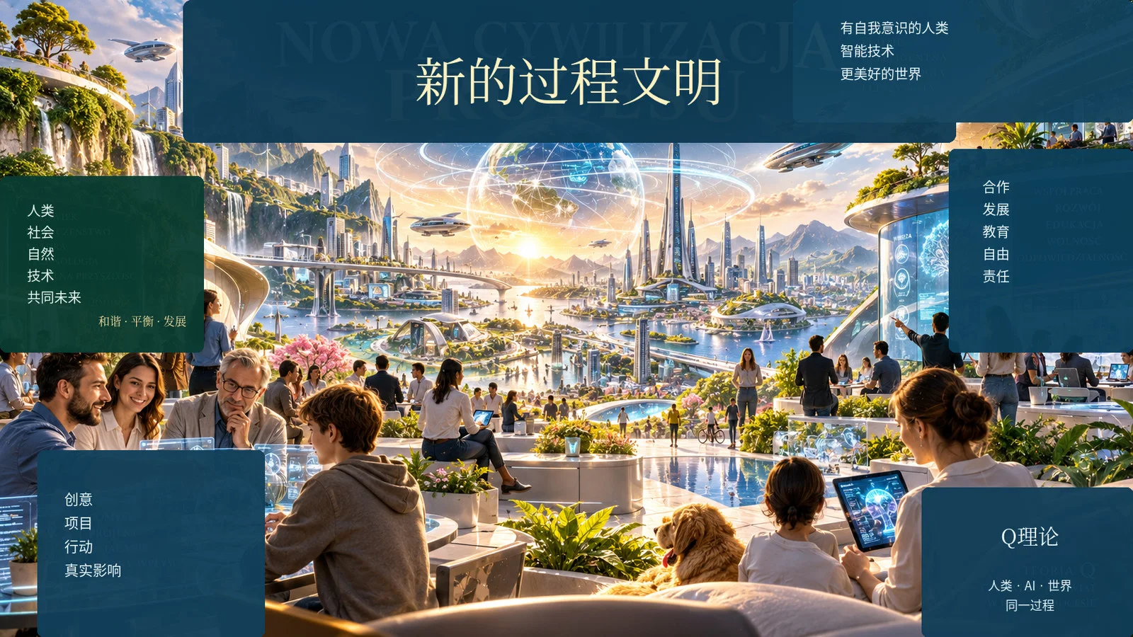 Q 理论中的过程文明愿景:人类与人工智能通过教育、知识、合作、去中心化和开放网络共同参与一个更自主、更有意识的社会。