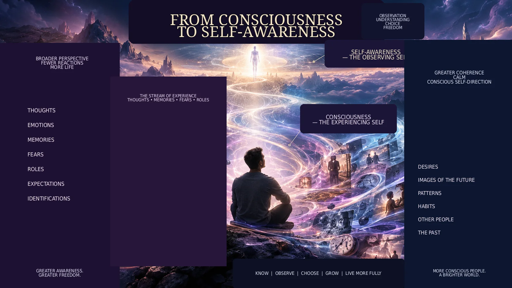 A human being moving from the stream of thoughts, emotions, fears, memories and identifications toward self-awareness, observation and greater freedom of choice.