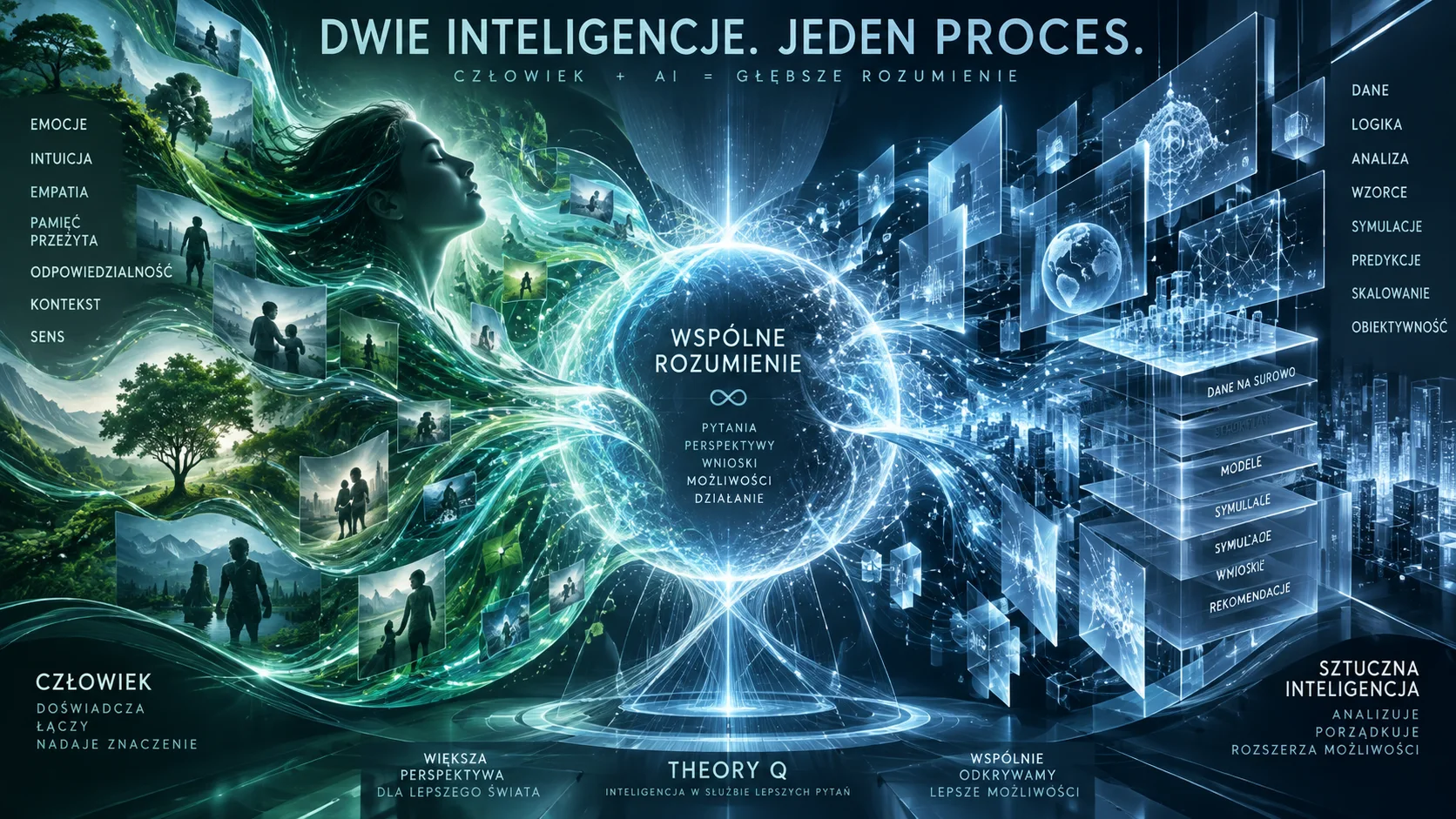Człowiek i sztuczna inteligencja jako dwa różne, równorzędne nośniki inteligencji połączone we wspólny proces poznawczy.
